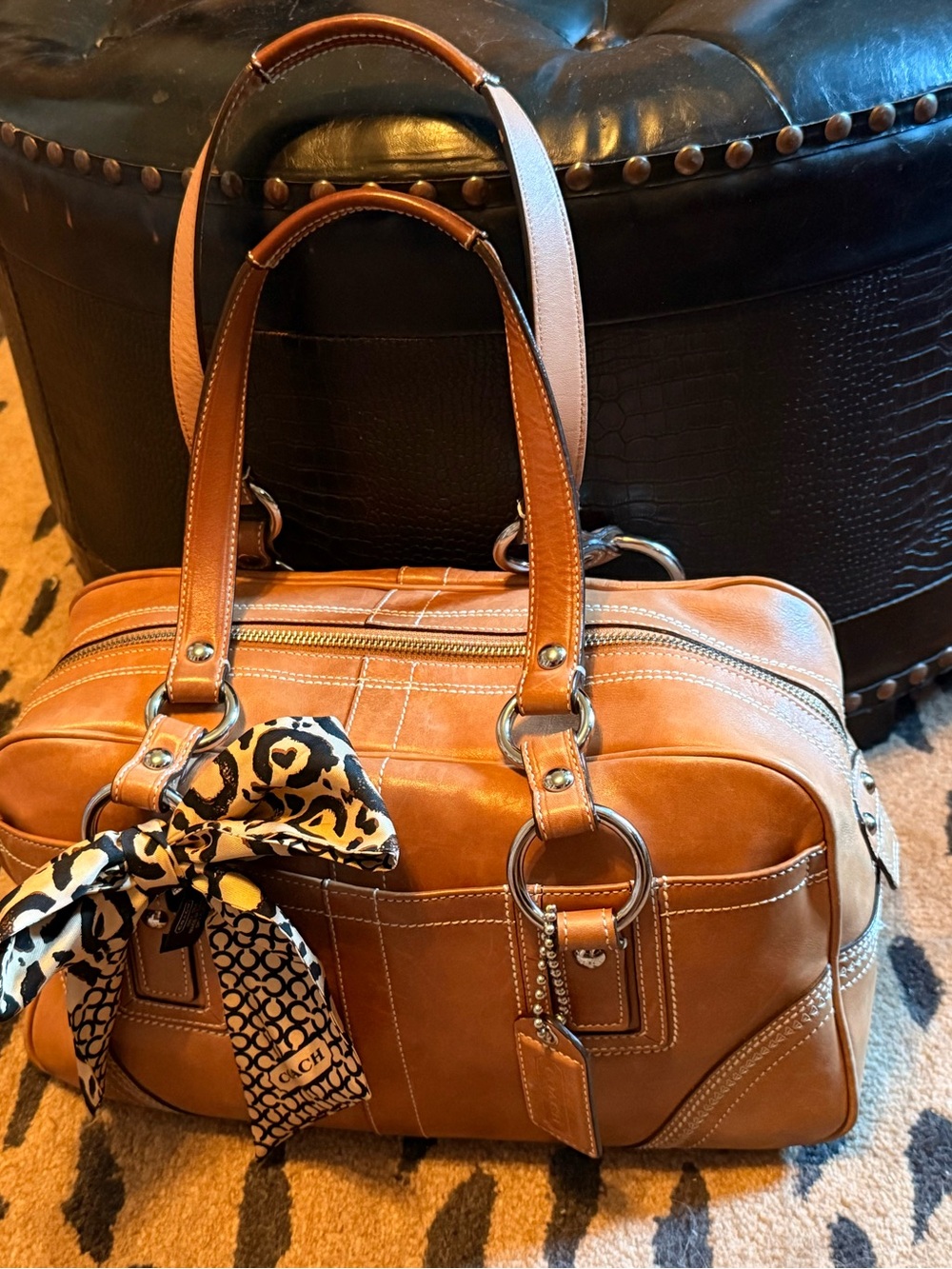 Vintage Coach Tan Leather Travel Satchel with Coach Leopard Accent Scarf